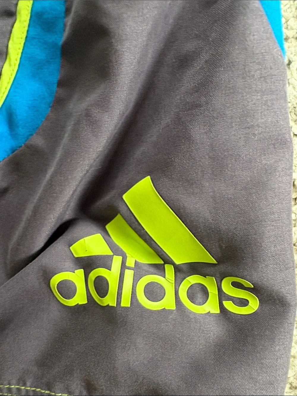 adidas Gray Swim Trunks with Neon Green & Blue Trim